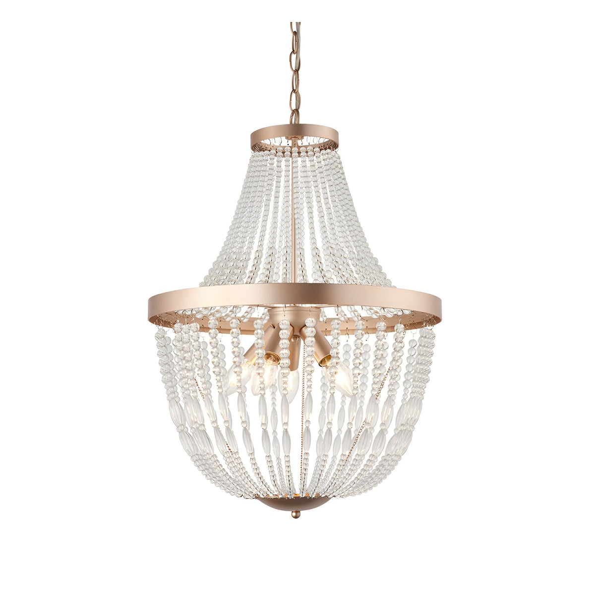 Bevdale 5 Light Pendant in gold, tiered basket shape draped with clear glass beads, hung from a chain, on a plain white background.