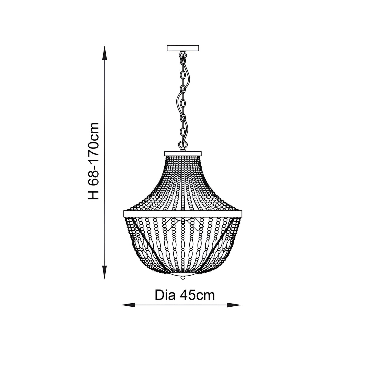 Line drawing of the Bevdale 5 Light Pendant in gold, showing a tiered beaded dome shape with adjustable chain drop, 45cm diameter, height 68-170cm.
