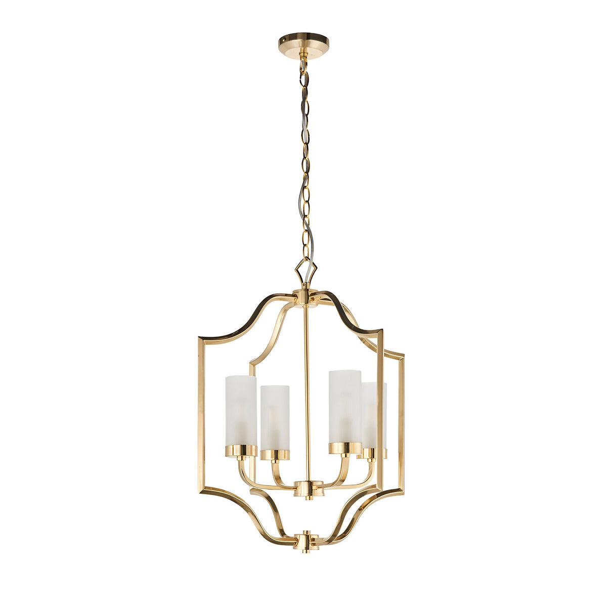 Endon Brackford 4 light pendant in satin brass with shaped frame, frosted glass cylinder shades and chain suspension, on a white background.