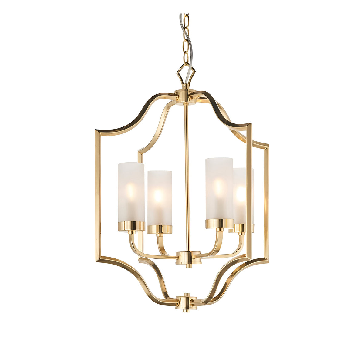 Endon Brackford 4 light pendant with satin brass shaped frame, frosted glass cylinder shades, and chain suspension on a plain white background.