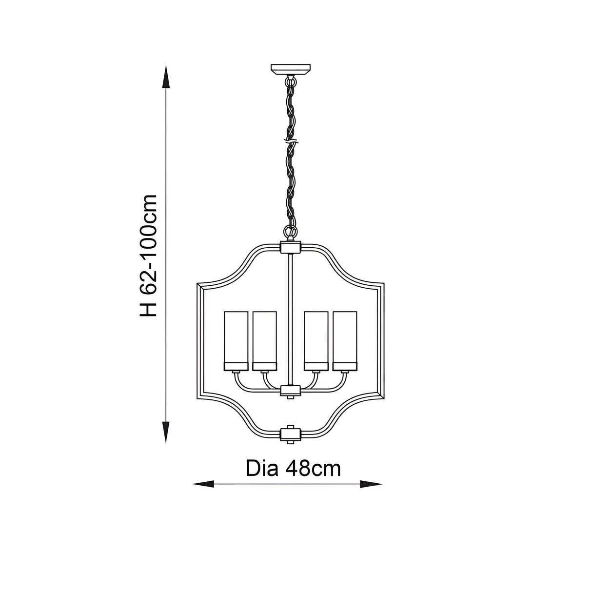 Dimension diagram of Endon Brackford 4 Light Pendant in brass, showing 48cm diameter and adjustable 62-100cm height on a white background.