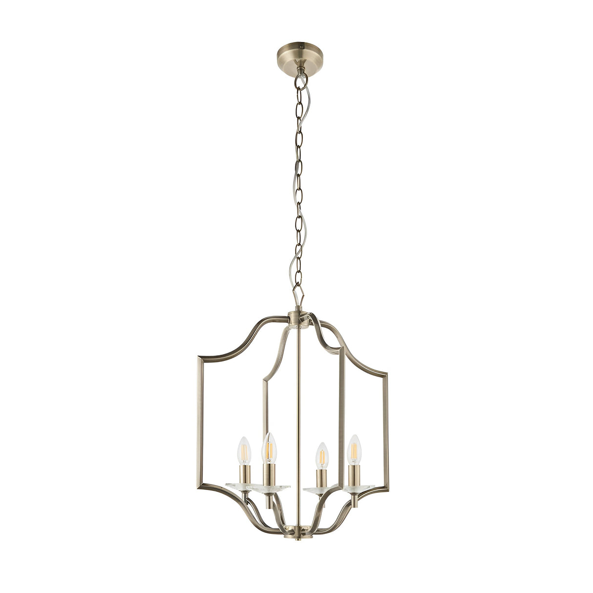 Endon Caldbourne 4 light pendant in antique brass with a curved open frame, E14 candle lamps and clear crystal bobeches, on a chain suspension.