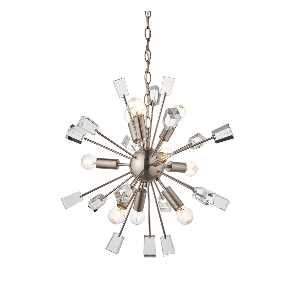 Carlgrove 9 light pendant in satin nickel, with radiating rods and clear crystal glass accents forming a sputnik-style globe, shown on a plain white background.