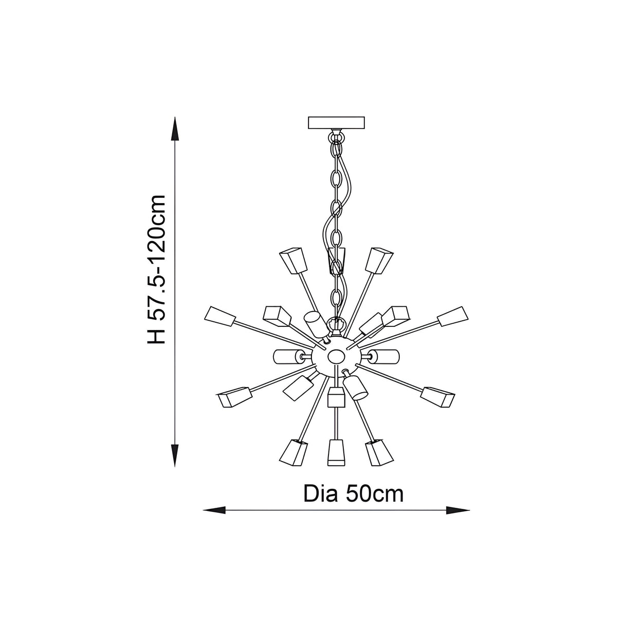 Line drawing of the Carlgrove 9 Light Pendant in nickel with radiating rods, sunburst design, adjustable chain, H 57.5-120cm, Dia 50cm.