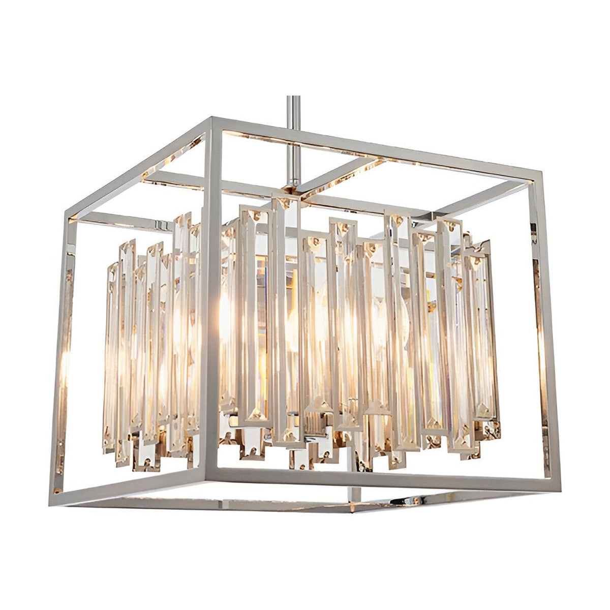 Endon Aldbourne 4 light square pendant in polished chrome with bevelled glass crystal drops, suspended from a slim rod on a white background.
