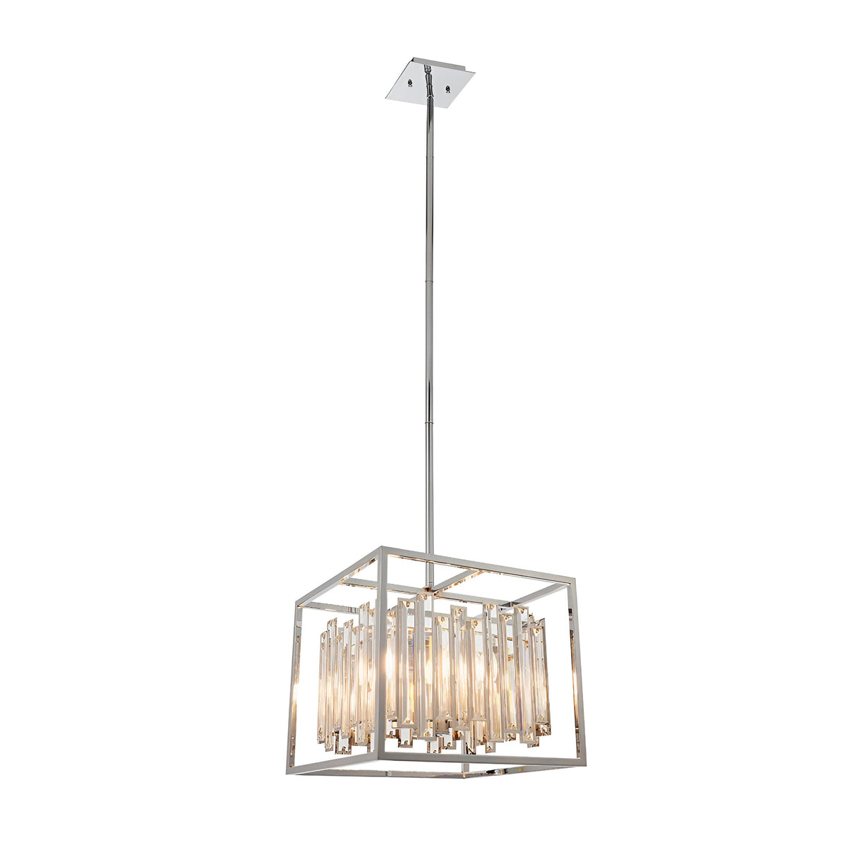 Endon Aldbourne 4 light square pendant in polished chrome with bevelled glass crystal drops, suspended from a slim drop rod on a white background.