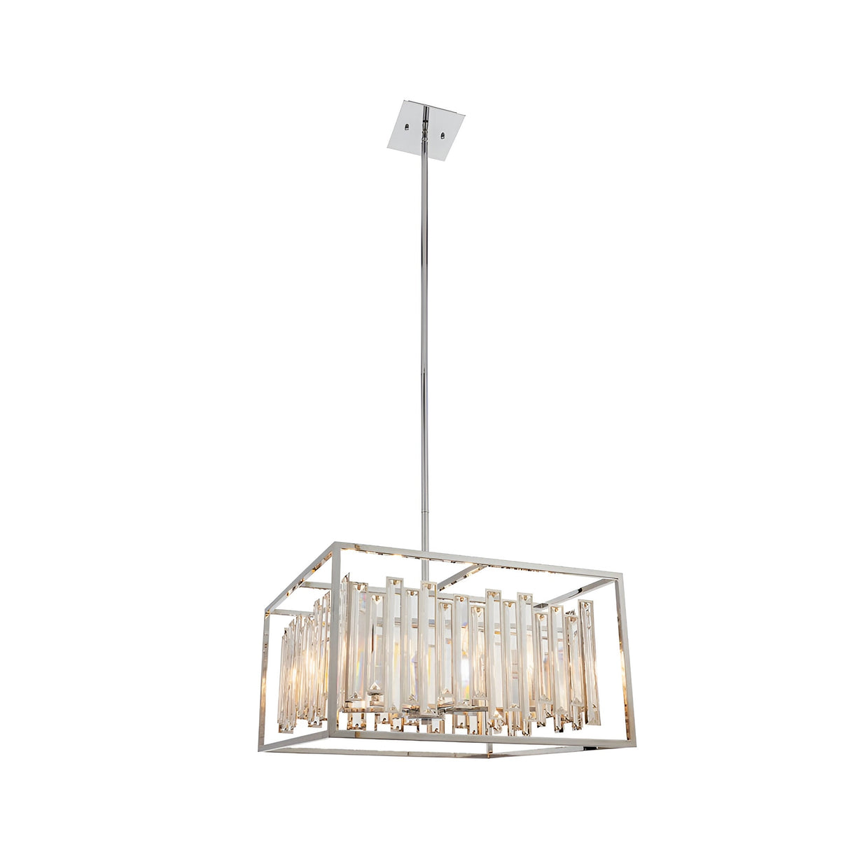 Aldbourne 6 Light Pendant in polished chrome, square frame with vertical bevelled glass crystal panels, long rod suspension, on a plain white background.