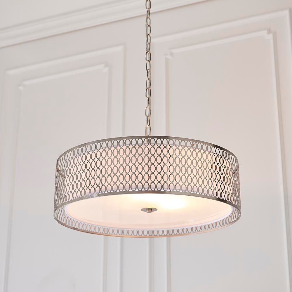 Endon Rosaline 3 Light Pendant in nickel with circular geometric fretwork outer, white fabric inner shade and frosted glass diffuser, on a chain suspension.