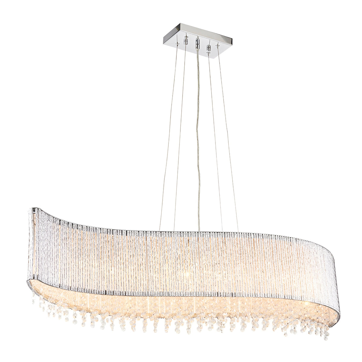 Endon Isadora 8-light linear pendant with wave-shaped polished chrome rods, clear crystal droplets and a square ceiling plate, on a white background.