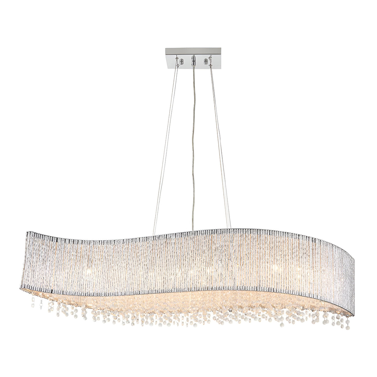 Endon Isadora 8 light linear pendant with a wavy polished chrome rod shade and clear crystal droplets, suspended from a square ceiling plate.