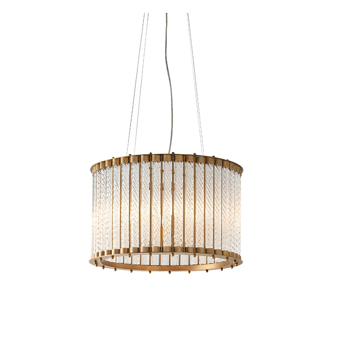 Cliffdale 6 Light Pendant in matt gold, drum shape with twisted clear glass rods around metal frame, suspended on cables against a white background.