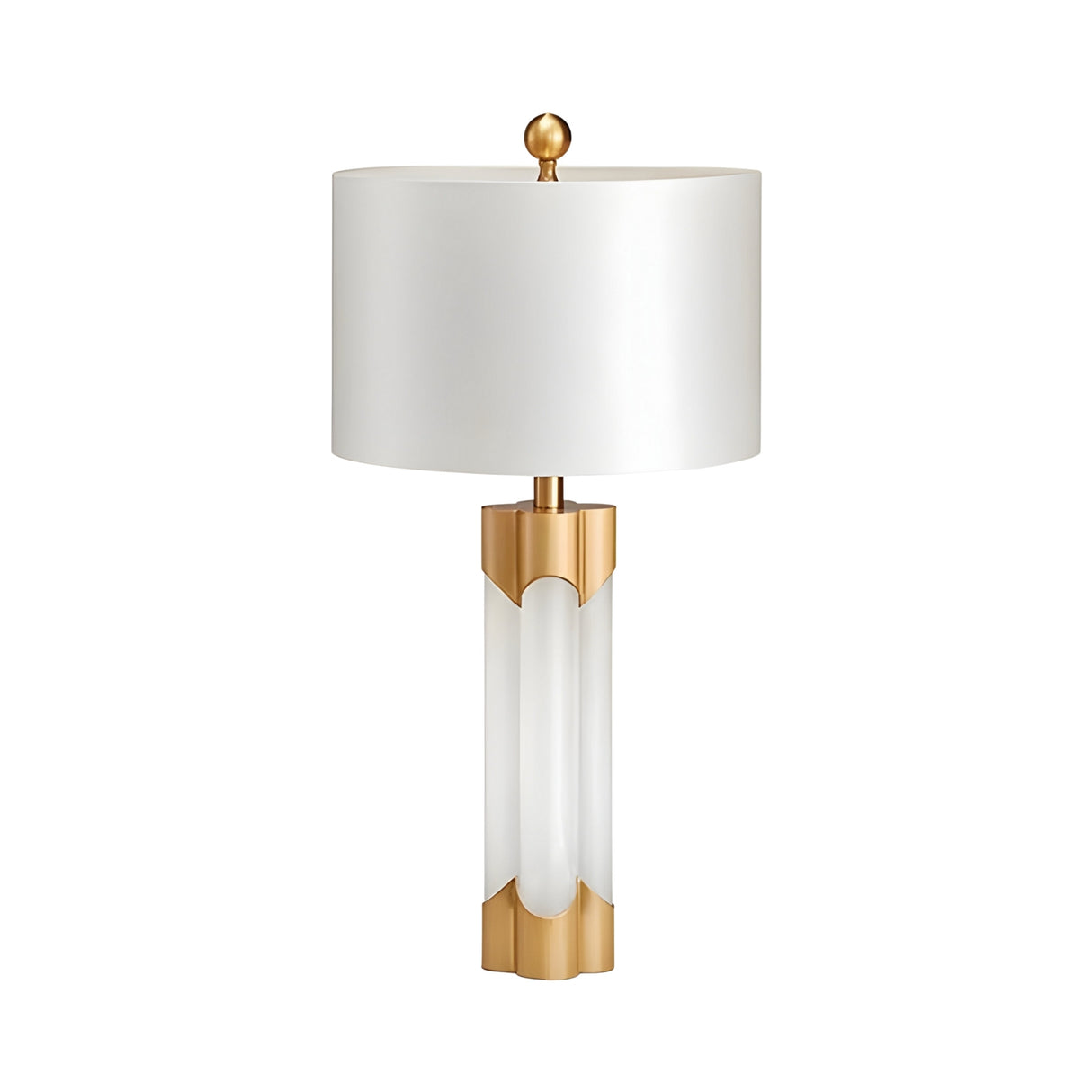 The Lunivar 1 Light Faceted Column Alabaster Table Lamp features a cylindrical soft white base with brass accents and a white drum shade, finished with a gold finial for an elegant look.