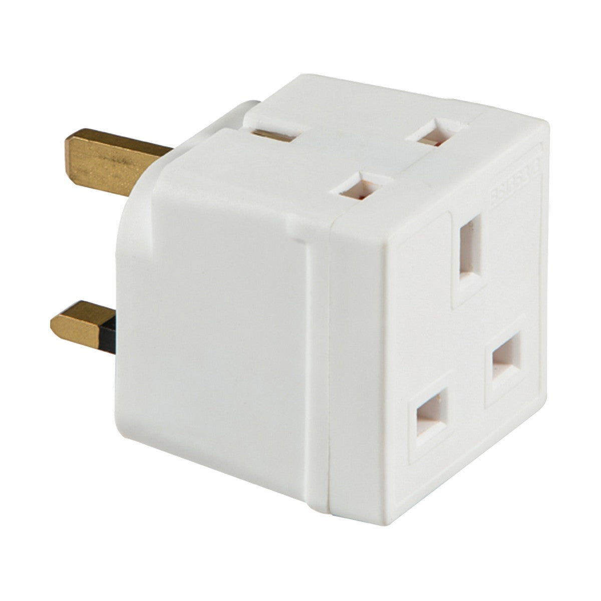 The 13A 2-Way Mains Unfused Adaptor is a white electrical plug featuring a three-prong UK connection on one side and two UK-style sockets on the other, designed to provide extra power outlets from a single source.