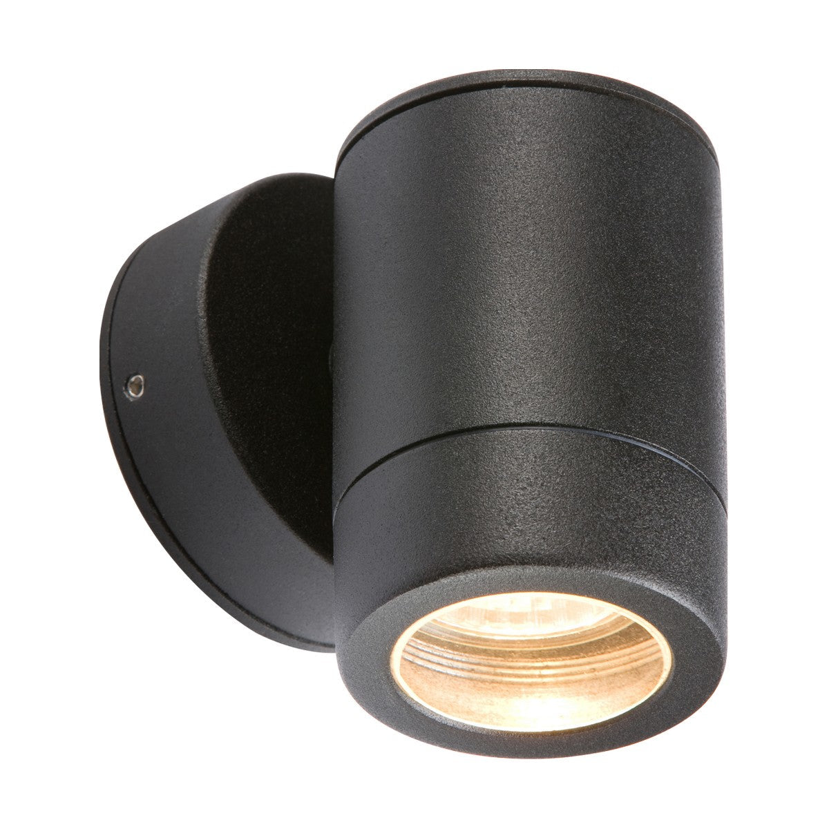 The IP65 Aluminium Powder Coated Black Fixed GU10 35W Fitting is a modern and sleek black cylindrical outdoor wall light. It features a downward-facing bulb, seamlessly attaching to a round wall mount, and offers compatibility with halogen LED for versatile lighting options.