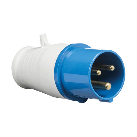 A 16A 2 Pole Earth Plug in blue and white with three metal prongs, designed for industrial use at 240V, is shown against a white background. It has an IP44 rating, a cylindrical shape with a grip ridge, ensuring secure power connections.