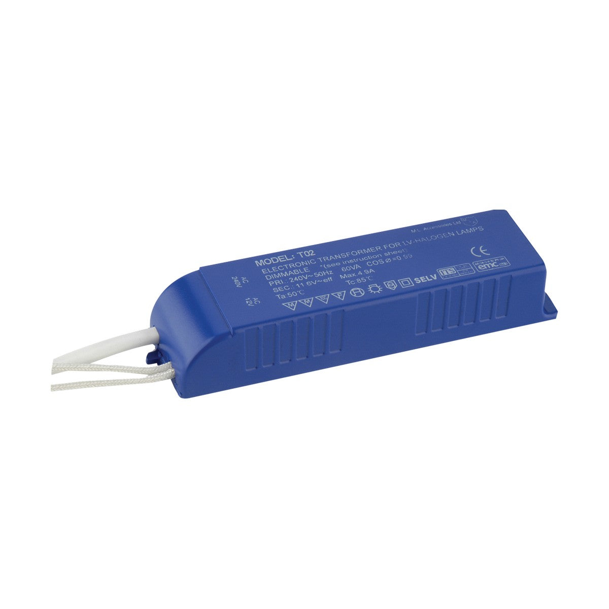 The 12V 20-60W Transformer for ELV Lighting is a blue rectangular unit with white cables extending from one end. It displays printed technical specifications and symbols on its surface, supporting 24V and LED power ranging from 12 to 18W. This dimmable transformer guarantees optimal brightness settings for various lighting needs.