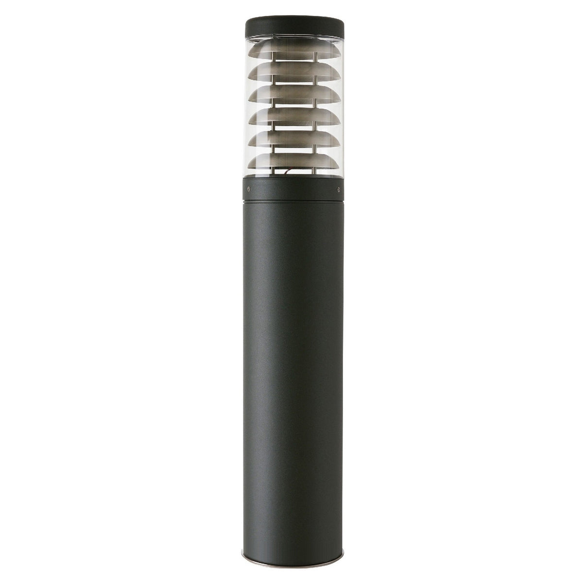 Quoin 75cm outdoor bollard light with louvred stainless steel head, clear polycarbonate lens and graphite aluminium pedestal base, shown on a plain white background.