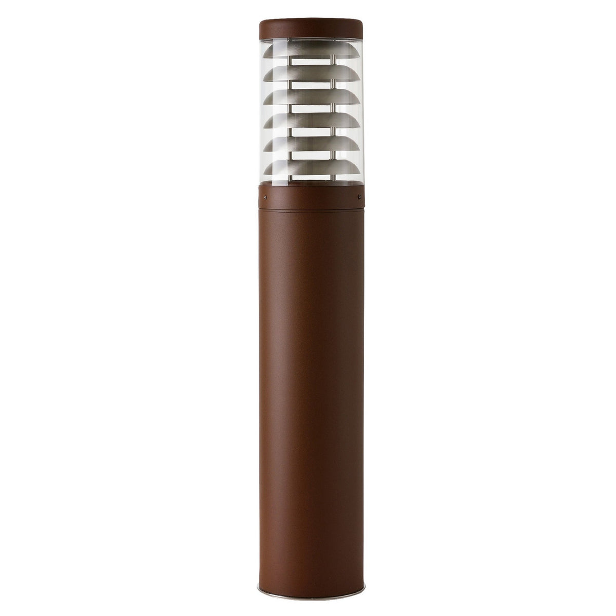 Quoin Stainless Steel Outdoor Louvred Bollard Light, 75cm, in rust-brown finish with a cylindrical louvred head and clear polycarbonate lens, set on a plain white background.