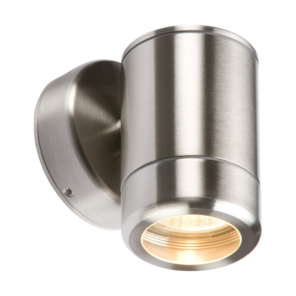 The Outdoor Fixed Wall Light - Stainless Steel is a cylindrical IP65 fixture with a modern design. It includes a round base and a GU10 downlight, providing a focused light beam, making it suitable for both outdoor and indoor applications.