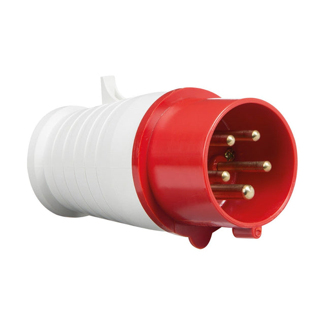 Close-up of the 16A 3 Phase Neutral Earth Plug, featuring a red and white 415V industrial design. It has five metal pins, a cylindrical shape, grooved texture for grip, and an IP44 rating for reliable performance with heavy-duty equipment.