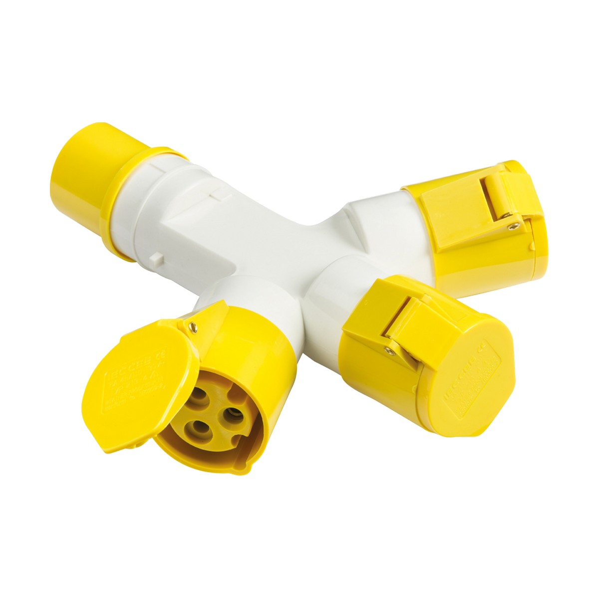 The 16A 2 Pole Earth 3 Way Splitter in yellow and white, rated IP44, features three outlets with protective yellow covers on a central white connector for efficient 110V power distribution.