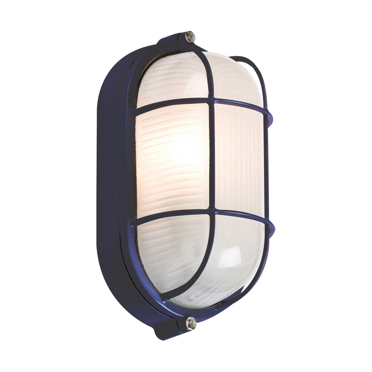 The 60W Outdoor Oval Bulkhead - Black boasts a sleek black metal cage with durable aluminium construction, paired with a frosted glass cover that diffuses the light to produce a soft, vandal-resistant glow.