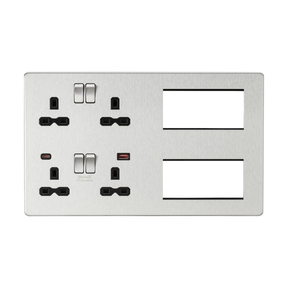 Multimedia Combo Plate + Dual USB A+C 12V DC 1.5A (Max. 18W) - Brushed Chrome w/Black Insert