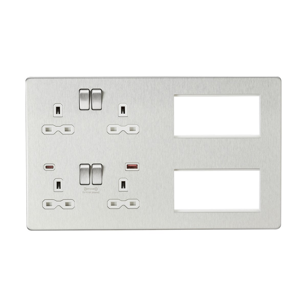 Multimedia Combo Plate + Dual USB A+C 12V DC 1.5A (Max. 18W) - Brushed Chrome w/White Insert