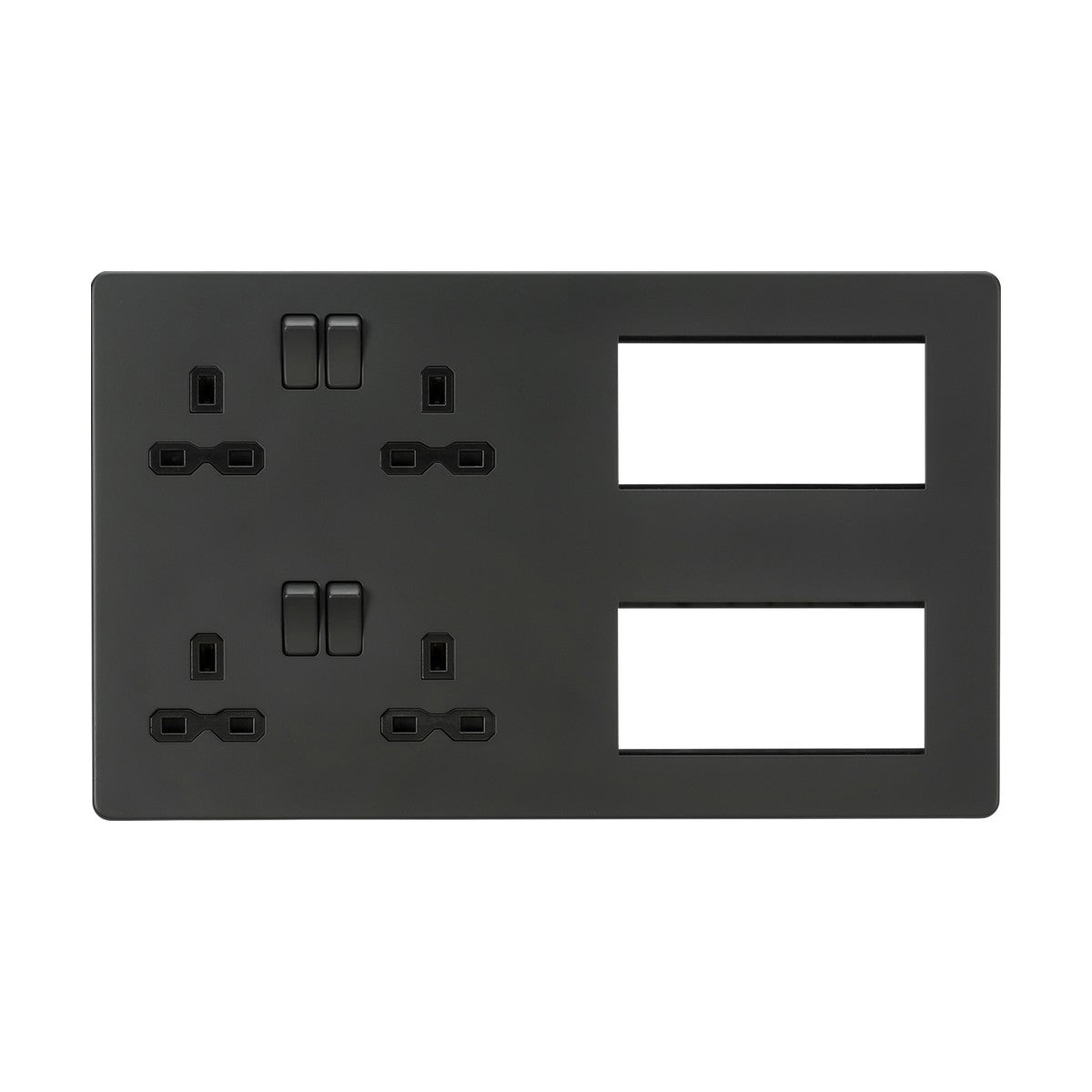 The Combination Plate - Anthracite (Black Insert) boasts a sleek design with four plug sockets and two blank spaces for modular inserts. This screwless multimedia combination plate includes switches above each socket for precise control.
