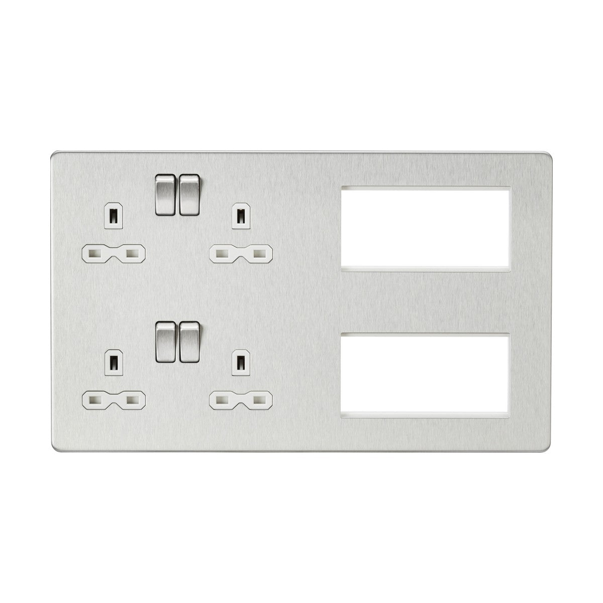 The Combination Plate in Brushed Chrome features a sleek design with two duplex outlets and two vacant rectangular slots for modular inserts, ideal for switch installation. It offers a sophisticated screwless multimedia plate finish, with subtle grooves enhancing its modern aesthetic.