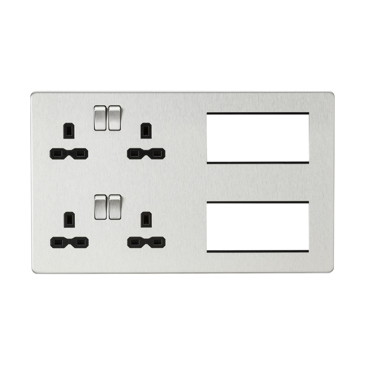 The Combination Plate - Brushed Chrome (Black Insert) features a sleek design with four UK-style electrical sockets on the left and two empty switch slots on the right, providing a seamless solution for customizable signal distribution.