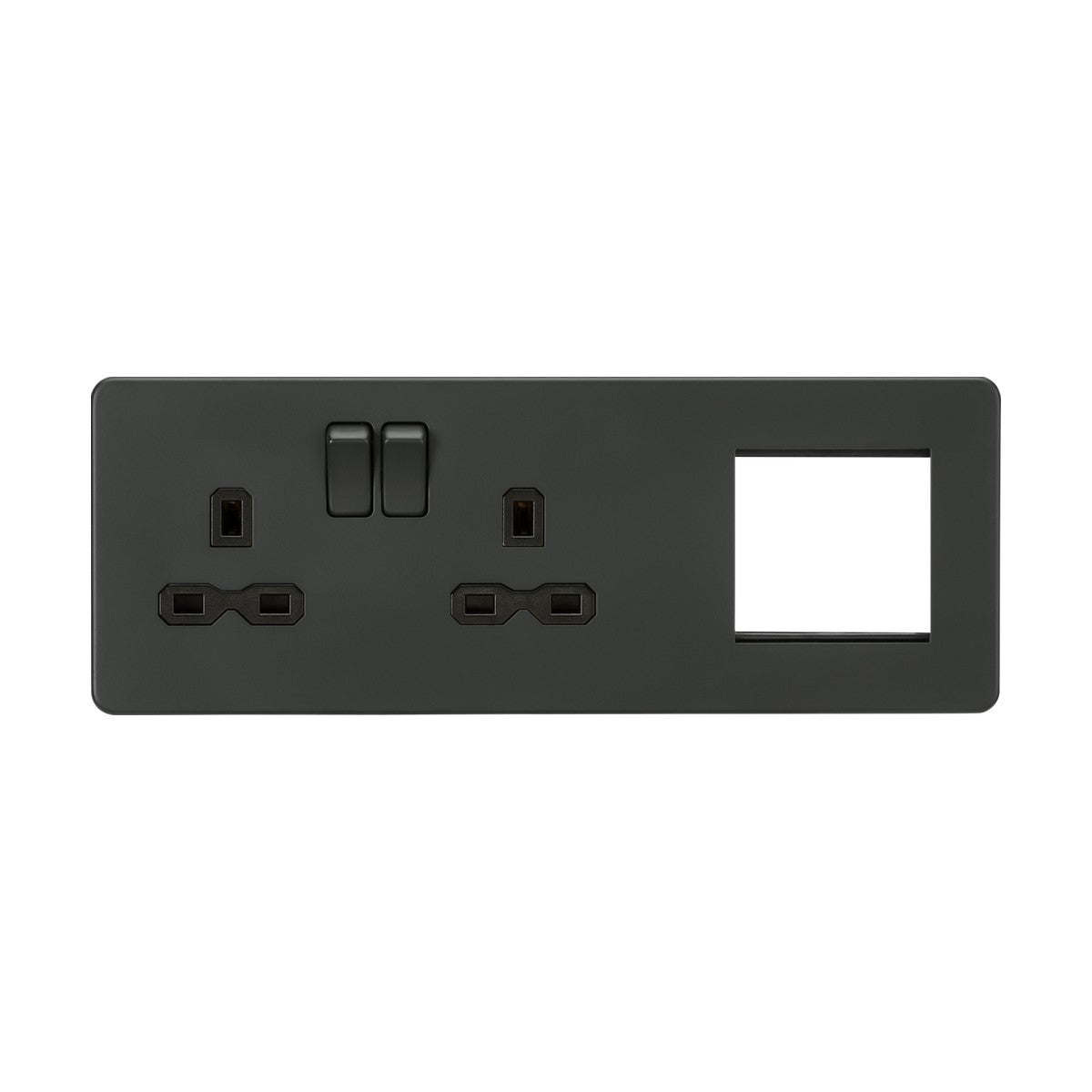 The 13A 2 Gang DP Socket + 2 Gang Modular Combi Plate in anthracite, featuring a black insert, offers modern elegance with two UK-style sockets and three slots for switches, including an empty slot on the right. Its screwless design ensures a sleek and seamless look for any room.