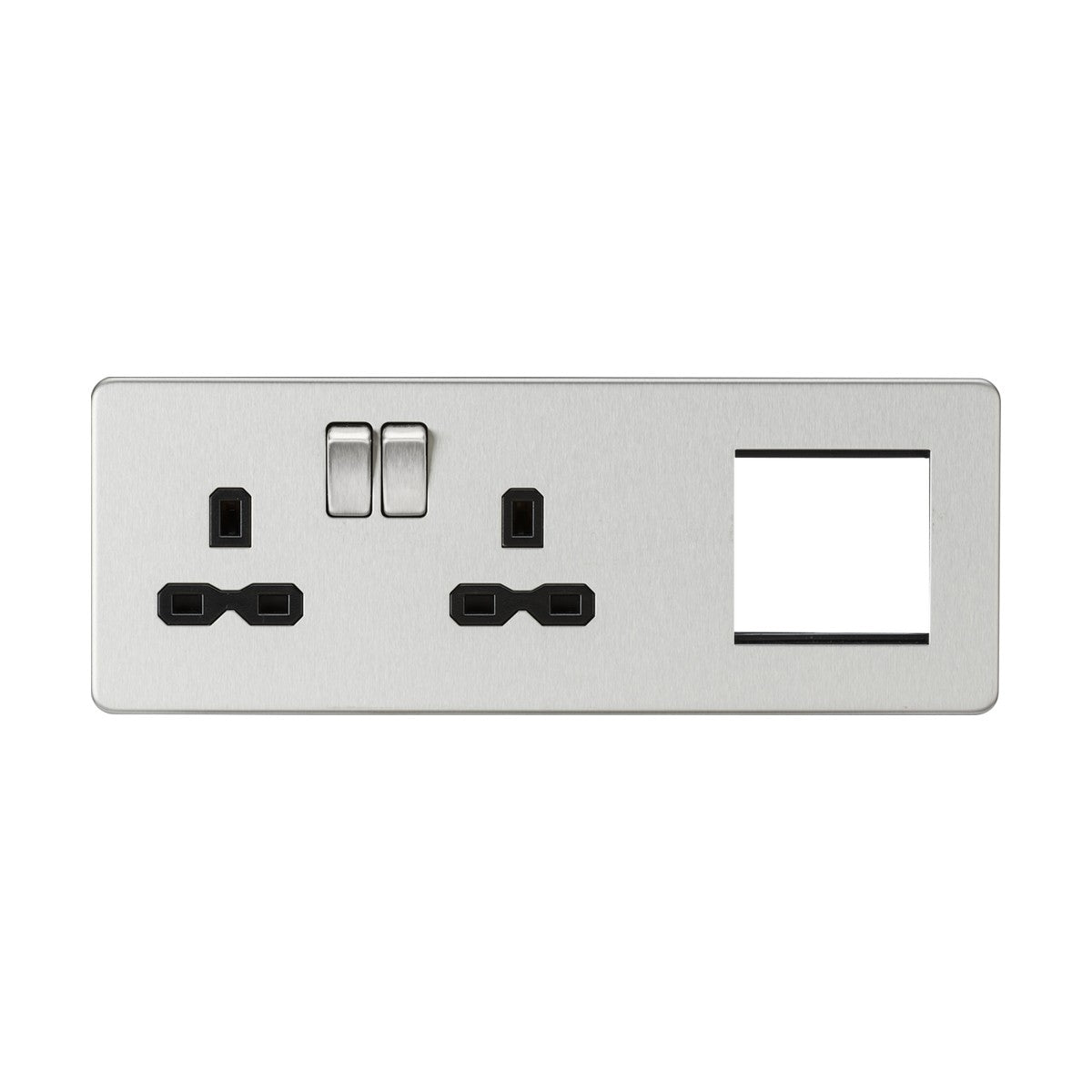 Introducing the 13A 2 Gang DP Socket + 2 Gang Modular Combi Plate in Brushed Chrome with a Black Insert. This sleek, silver socket features two three-pin outlets and two switches on the left side, along with a screwless design. It includes a rectangular empty slot on the right for modular customization, while its brushed chrome finish adds a modern touch to any space.
