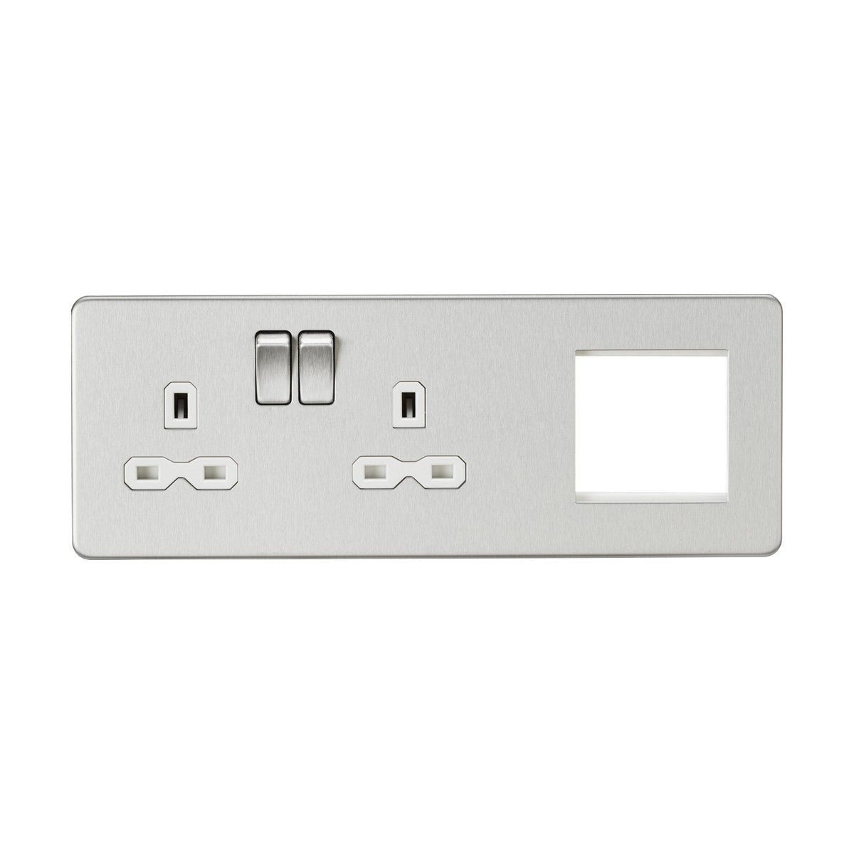 Introducing the 13A 2 Gang DP Socket + 2 Gang Modular Combi Plate in Brushed Chrome with a White Insert, featuring a modern screwless design. This stainless steel socket includes two power switches and a blank slot on the right side for seamless integration into any contemporary setting.
