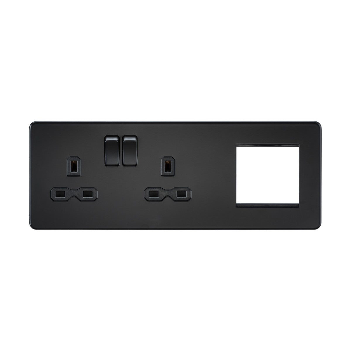 A modern 13A 2 gang DP socket with a sleek matt black finish and black insert features a screwless socket design, including two switches and a rectangular cutout on the right side. Ideal for home or office environments, it can be enhanced with the modular combi plate for increased functionality.