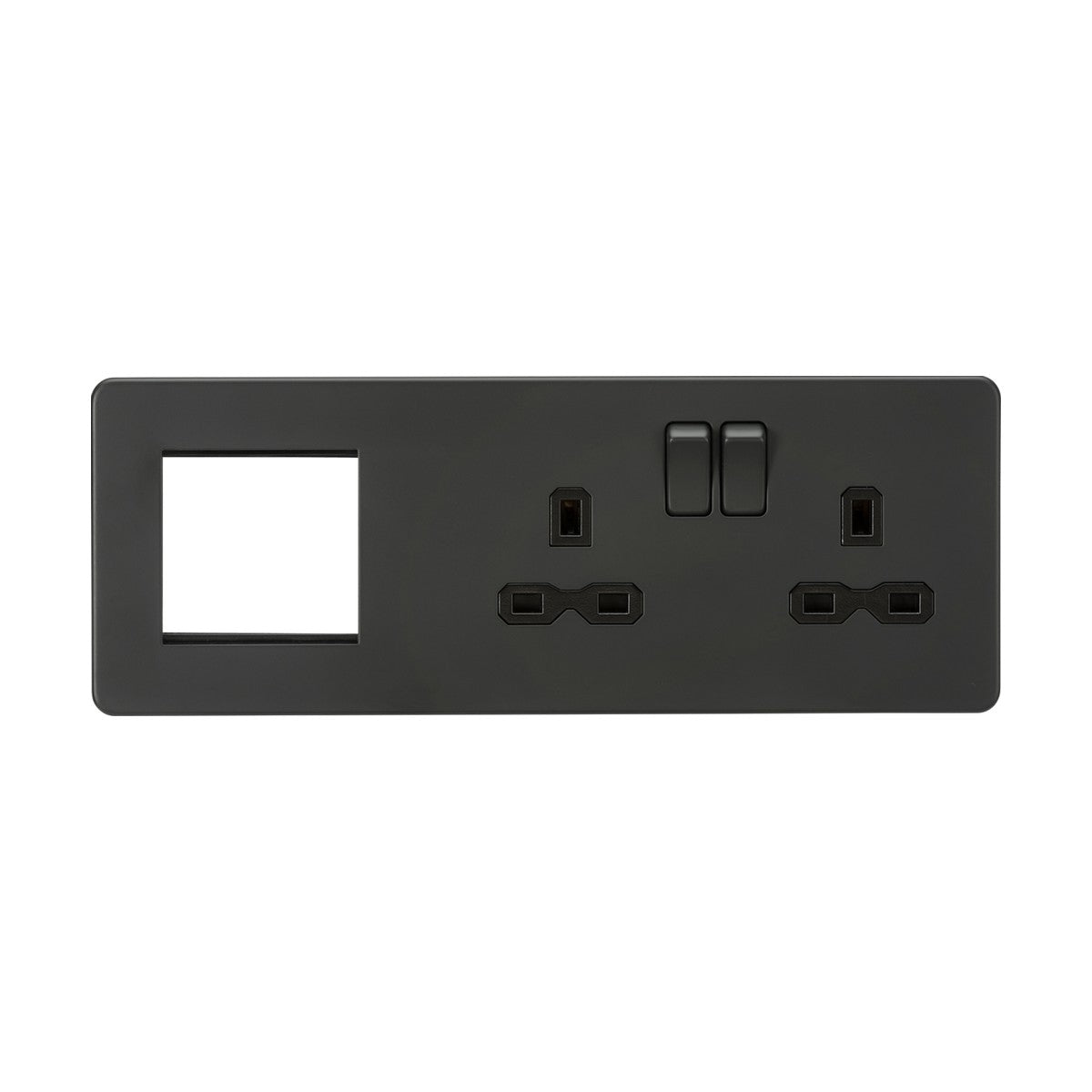 An anthracite wall plate with a screwless design that includes two switched UK electrical sockets and a modular combination slot for Ethernet or other wall modules.