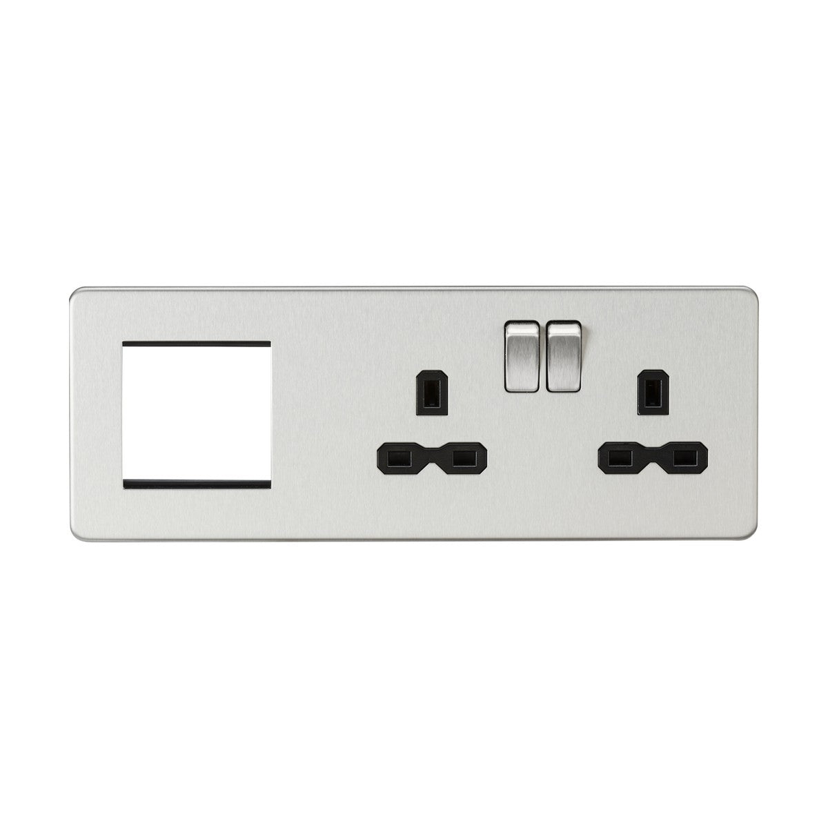 The 13A 2 Gang DP Socket + 2 Gang Modular Combination Plate in brushed chrome with black inserts showcases a sleek design with two power sockets featuring three rectangular slots each, accompanied by corresponding switches above. On the left side, there is a square cutout for an additional component. This modular plate embodies practicality with its screwless socket installation.