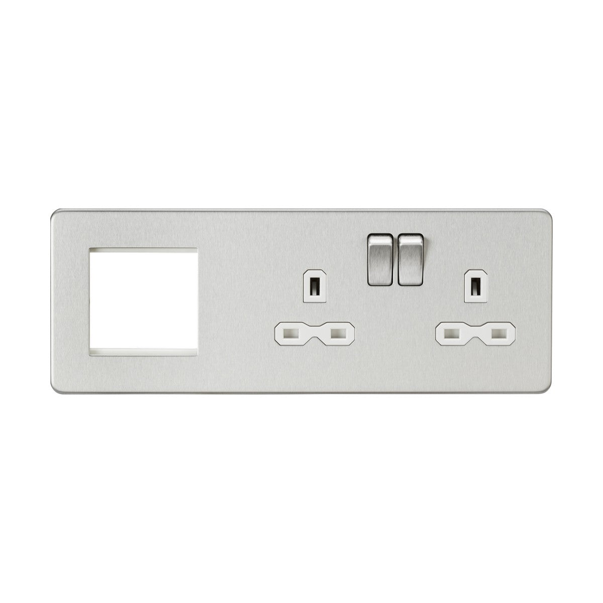 Introducing the 13A 2 Gang DP Socket + 2 Gang Modular Combination Plate in Brushed Chrome with White Insert, a modern and minimalist solution featuring a sleek, screwless design. This panel includes two rectangular switches and two plug sockets, all crafted with a brushed metal finish for an elegant blend of style and functionality.