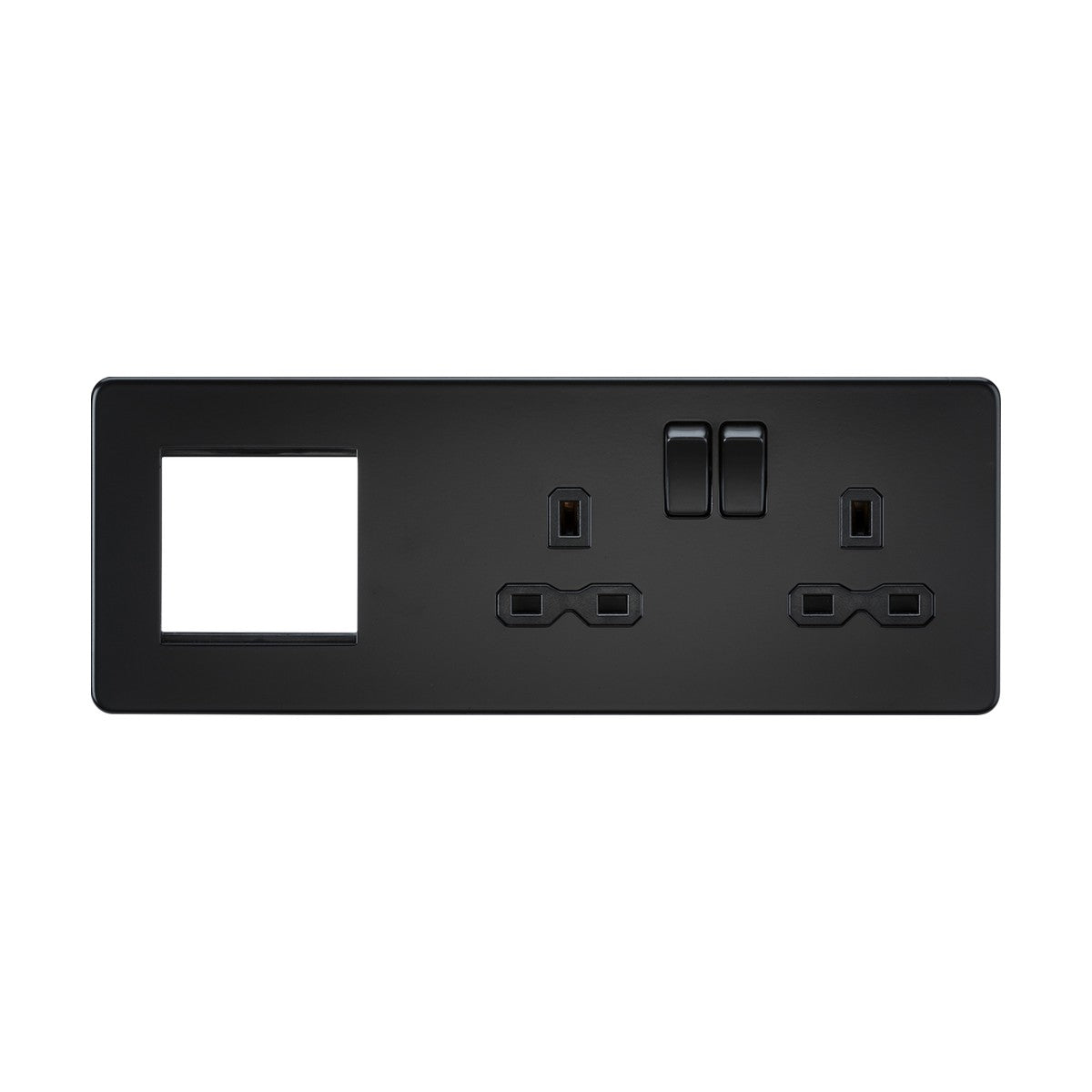 The 13A 2 Gang DP Socket + 2 Gang Modular Combination Plate in Matt Black, featuring a black insert, offers two UK-style power sockets with on/off switches and is complemented by an empty square cutout for modular plate options. This sleek and screwless design is set against a white background.