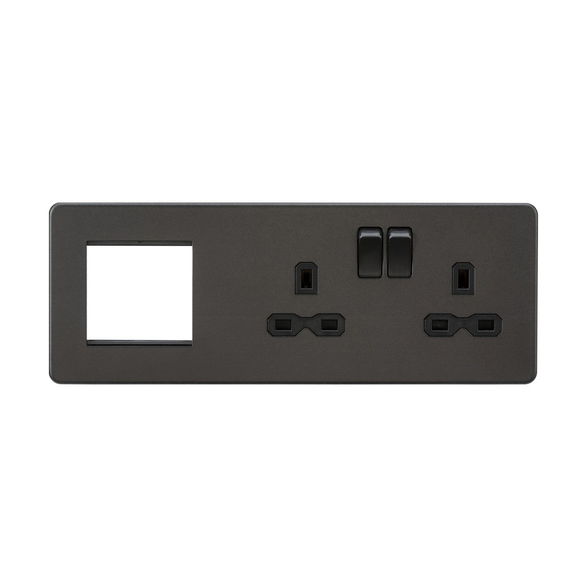 The 13A 2 Gang DP Socket + 2 Gang Modular Combination Plate in smoked bronze with a black insert features a sleek, screwless design. It includes two switches and two plug outlets on the modular combination plate, as well as an empty rectangular slot on the left side for potential USB charging upgrades.