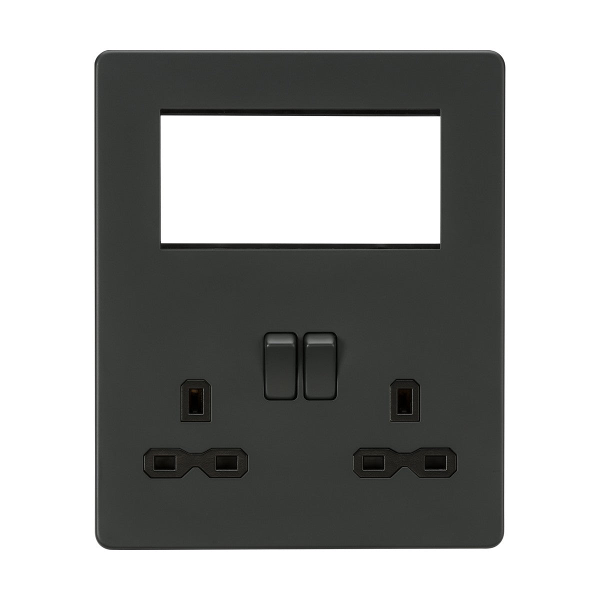 The Small Multimedia Combination Plate - Anthracite (Black Insert) showcases two rocker switches and two three-pin socket outlets in a sleek, dark hue. Its modular design includes a rectangular cutout at the top, ideal for additional inserts or displays. Optional USB charging integration enhances convenience.
