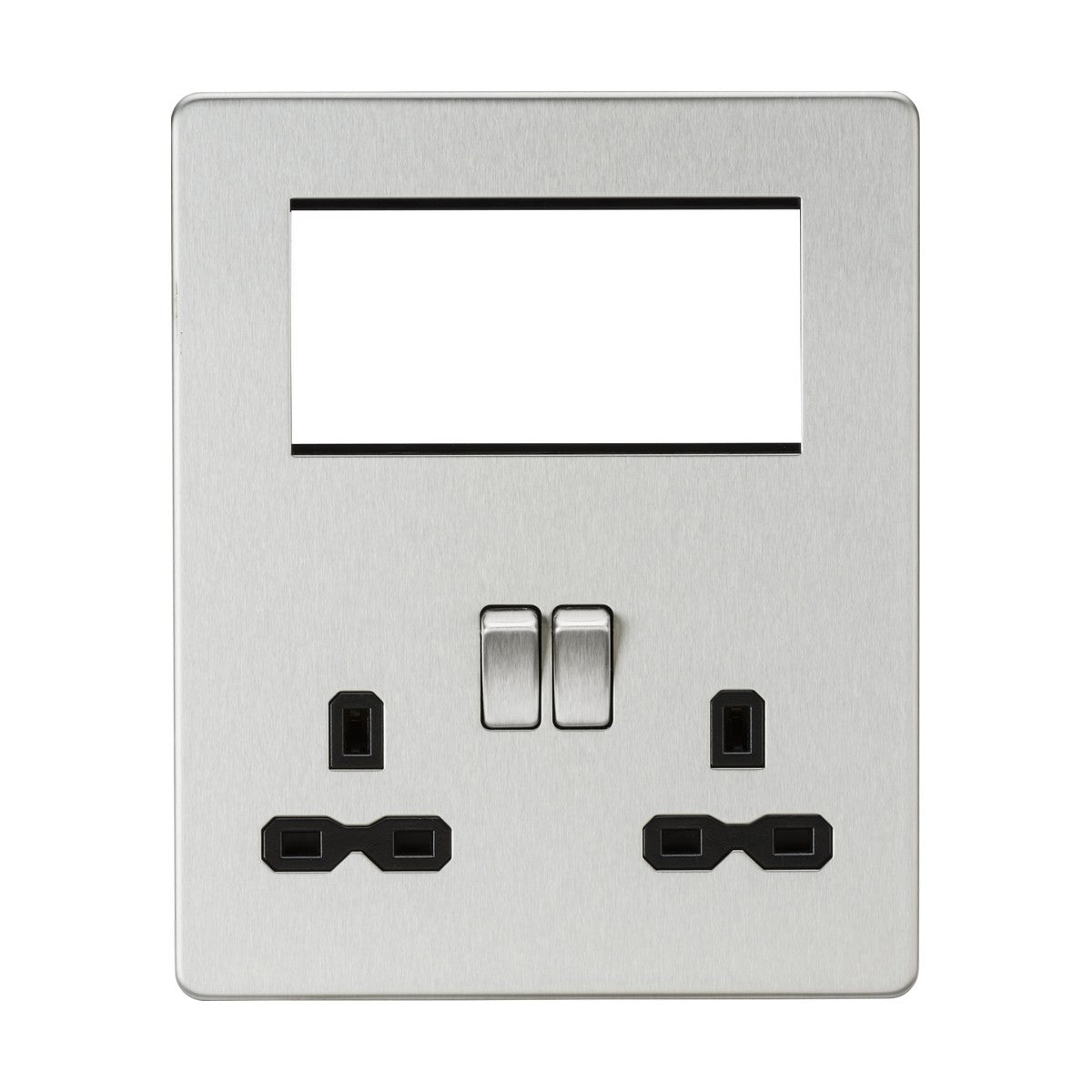 The Small Multimedia Combination Plate - Brushed Chrome (Black Insert) features a sleek, metallic wall design without visible screws. It includes two rocker switches and two sets of three-pin power sockets. The top section has an empty rectangular slot for modular inserts, perfect for USB charging or other components.