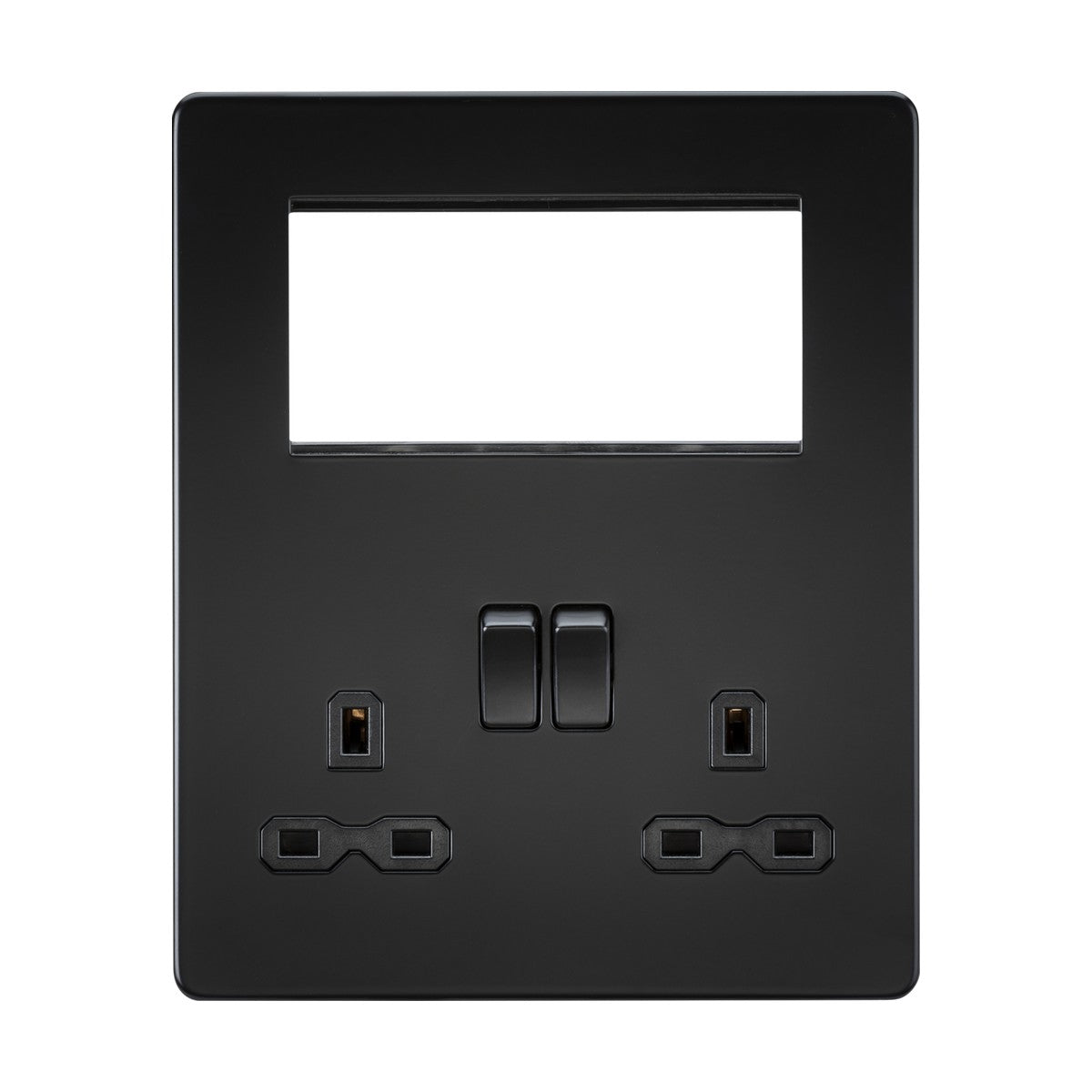 Introducing the Small Multimedia Combination Plate in Matt Black with a black insert, featuring a seamless design. This sophisticated double electrical wall socket includes two rectangular switches alongside two sets of three-pin plug sockets. The screwless plate also offers a large rectangular opening above the switches, perfect for USB charging or adding modular inserts.
