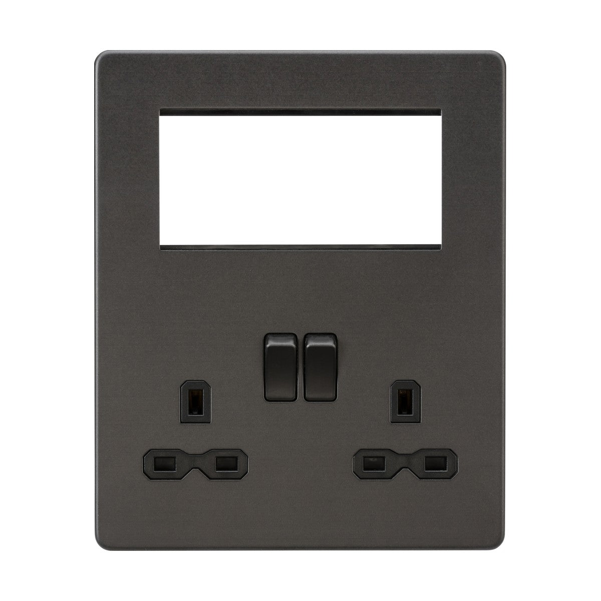 Introducing the Small Multimedia Combination Plate in Smoked Bronze with Black Insert: a sleek double power socket plate featuring two plug outlets and centrally located switches within a rectangular frame. Its minimalist design includes modular inserts and eliminates visible screws for an elegant finish, complemented by a blank top section.