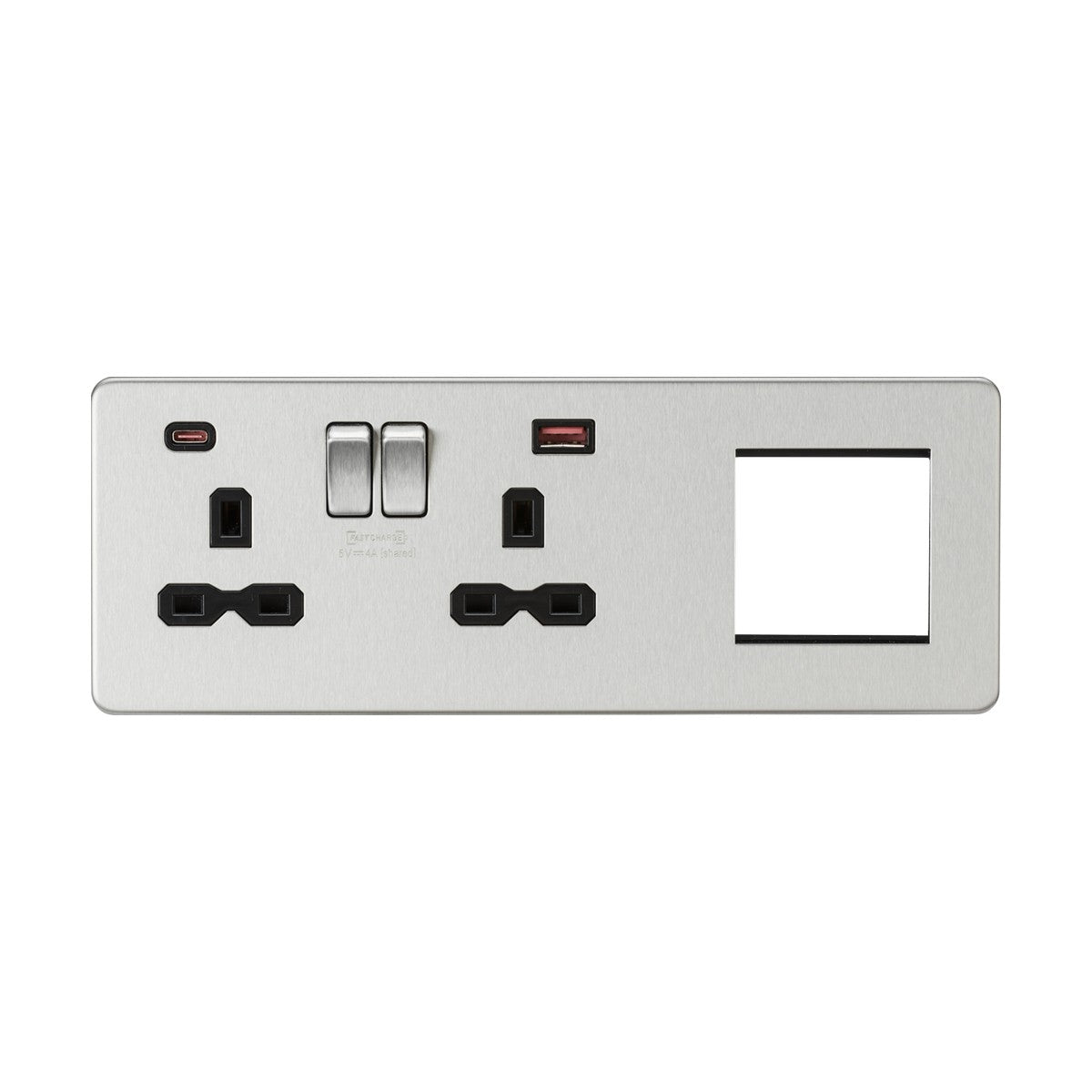 13A 2G DP Socket +2G Modular + Dual USB A+C 12V DC 1.5A (Max. 18W) - Brushed Chrome w/Black Insert