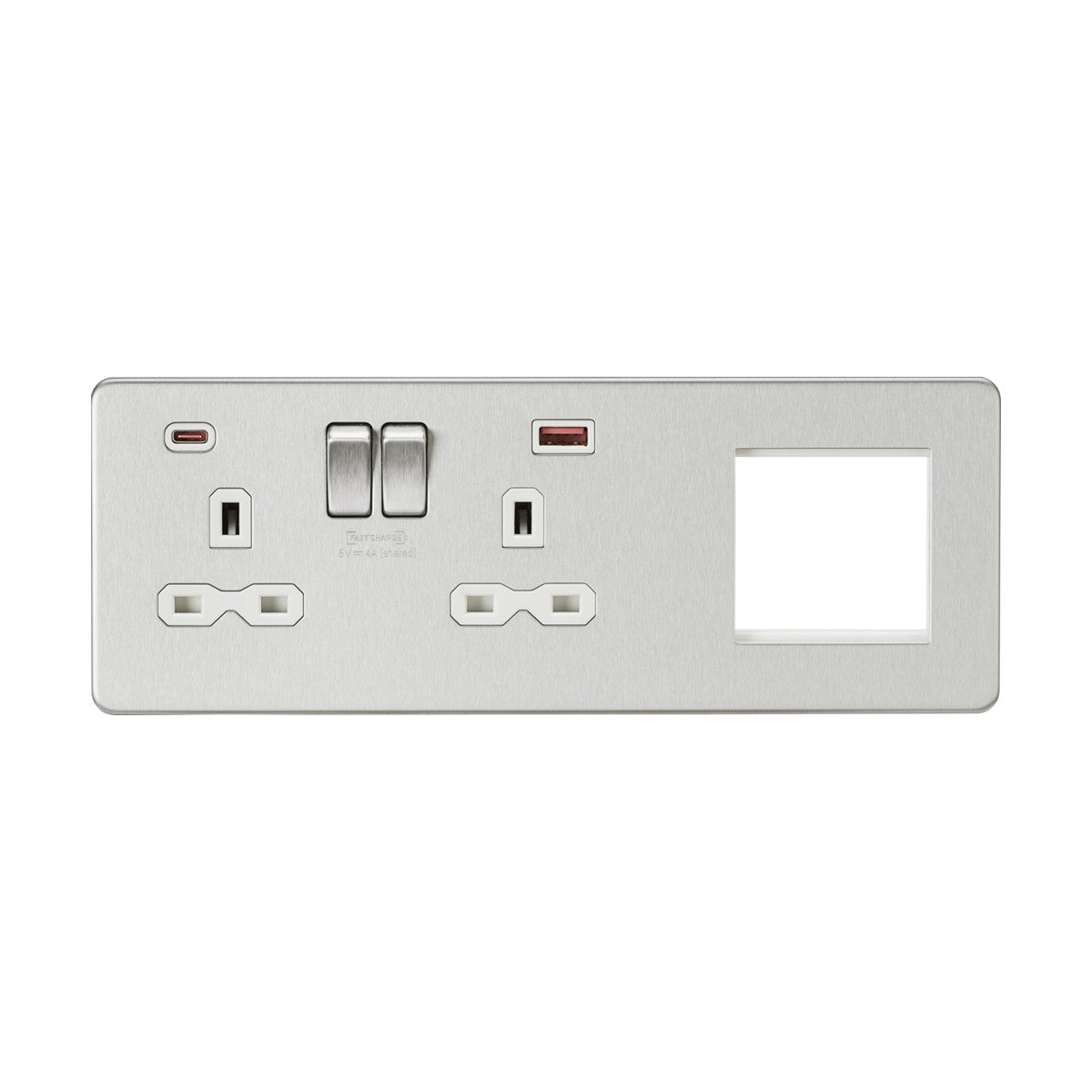 13A 2G DP Socket +2G Modular + Dual USB A+C 12V DC 1.5A (Max. 18W) - Brushed Chrome w/White Insert