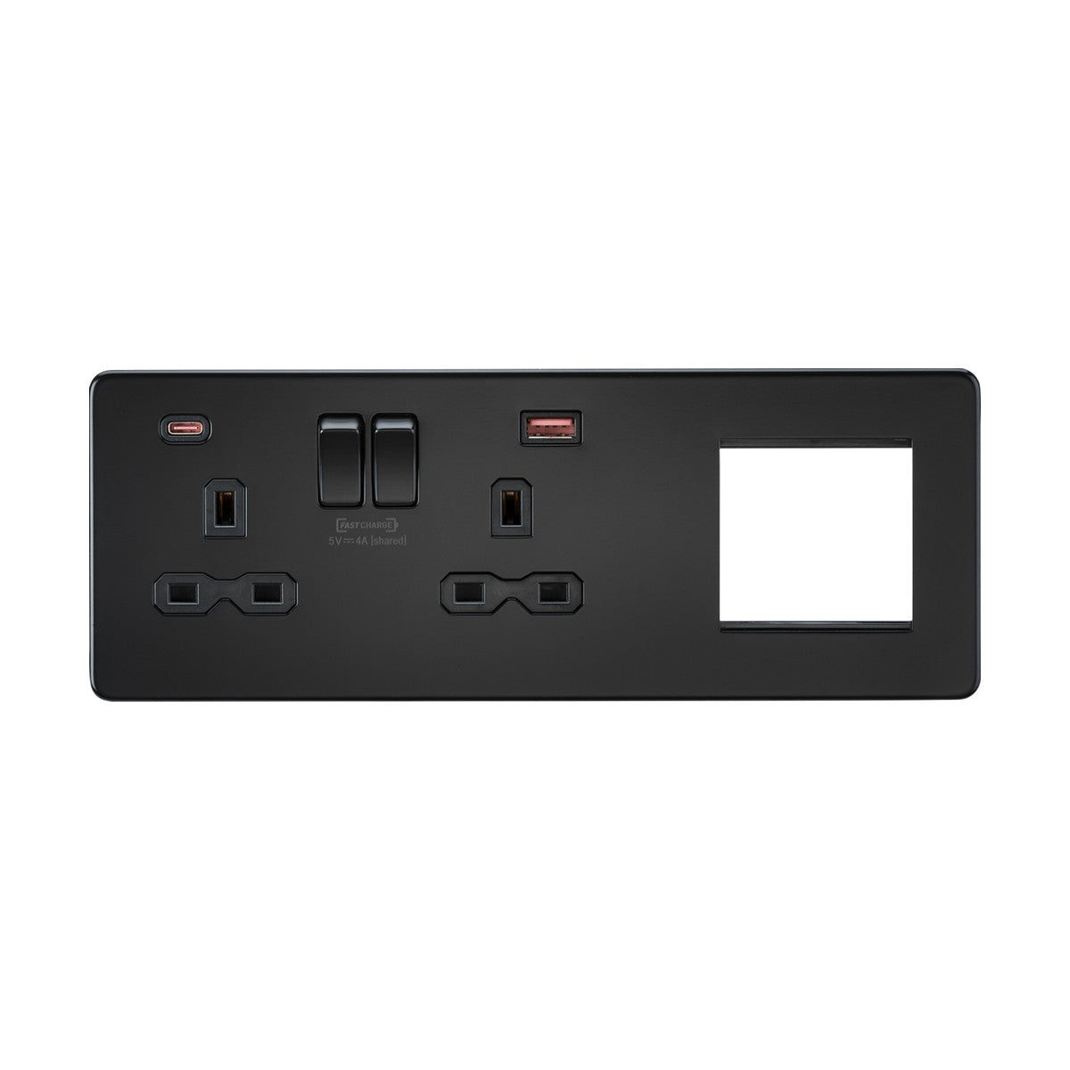 13A 2G DP Socket +2G Modular + Dual USB A+C 12V DC 1.5A (Max. 18W) - Matt Black w/Black Insert