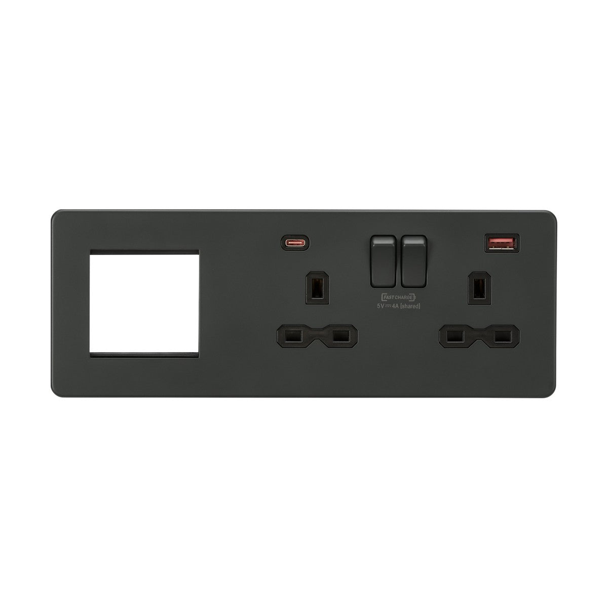 13A 2G DP Socket +2G Modular + Dual USB A+C 12V DC 1.5A (Max. 18W) - Anthracite with Black Insert