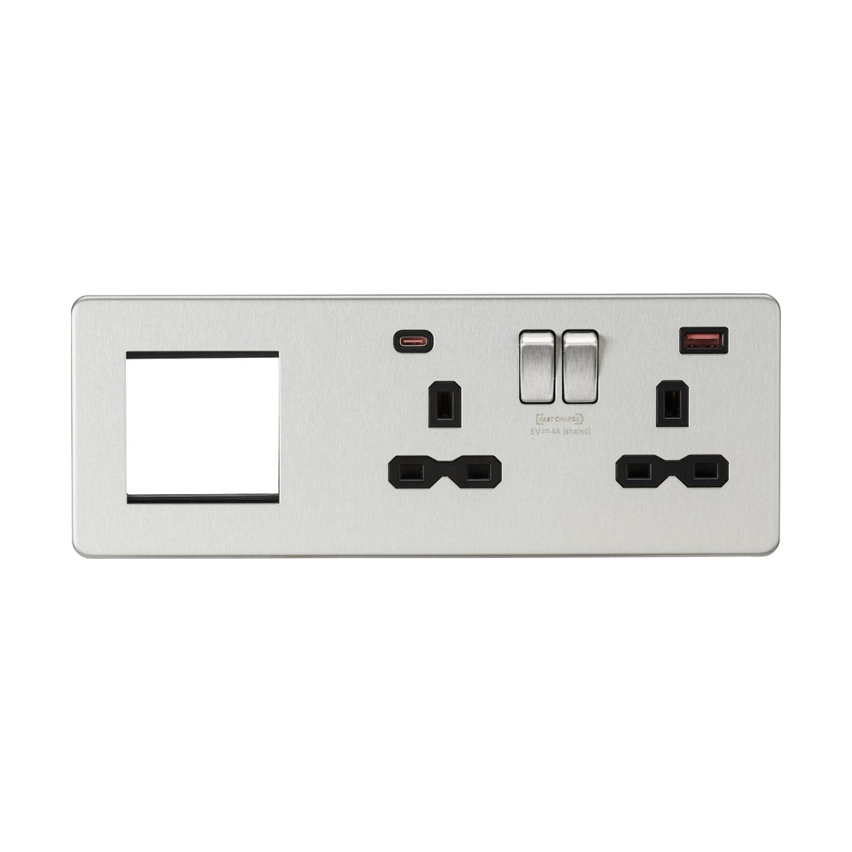 13A 2G DP Socket +2G Modular + Dual USB A+C 12V DC 1.5A (Max. 18W) - Brushed Chrome w/Black Insert