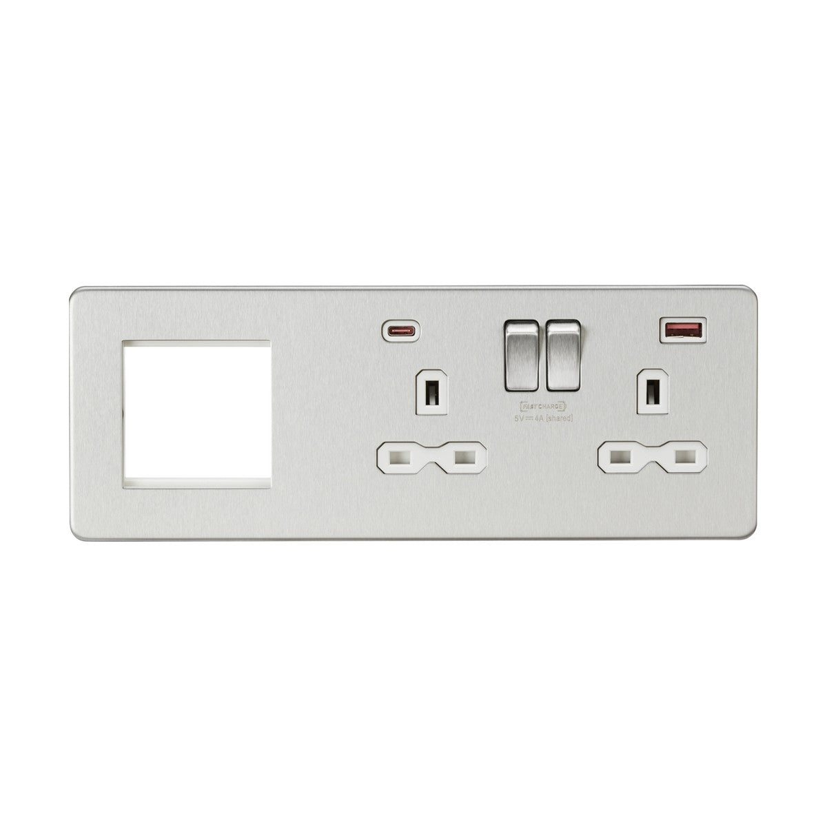 13A 2G DP Socket +2G Modular + Dual USB A+C 12V DC 1.5A (Max. 18W) - Brushed Chrome w/White Insert
